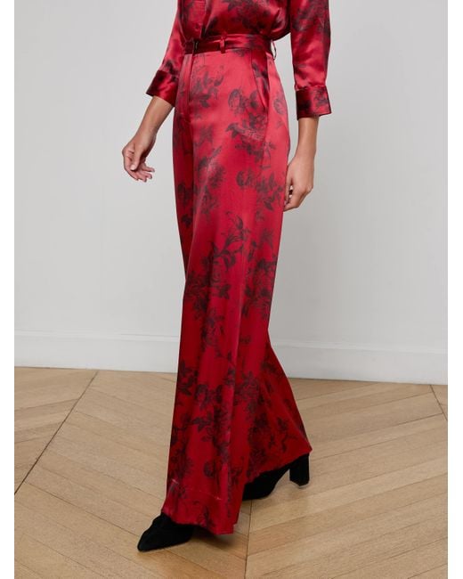 L'Agence Red Pilar Silk Wide-Leg Pants