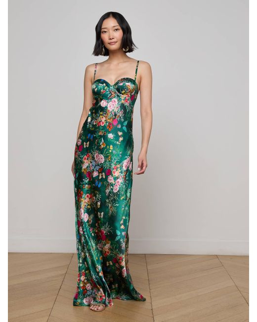 l'agence green silk dress Sayla Silk Gown Bottle Green Multi Charonda Butterfly