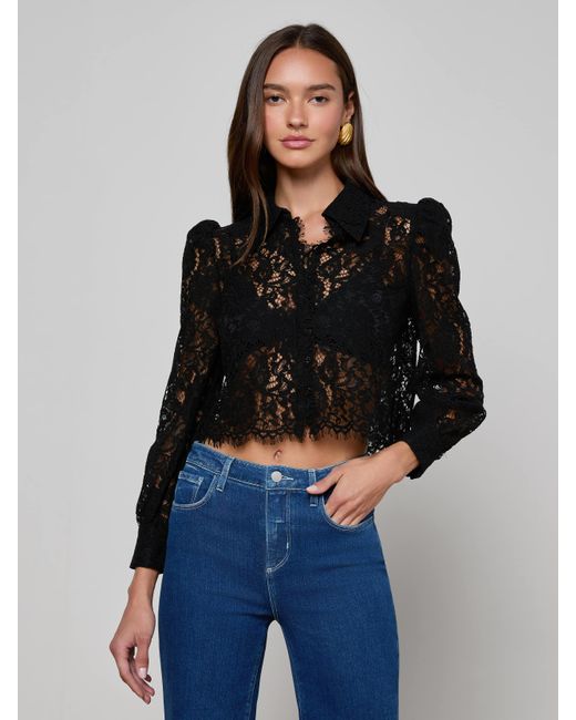 L'Agence Blue Anita Lace Blouse Top