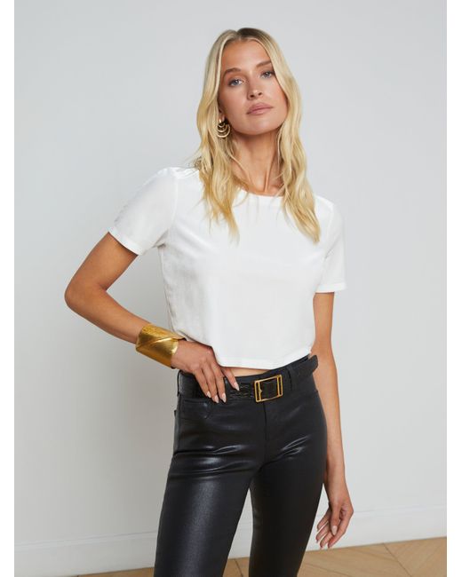 L'Agence White Donna Cropped Velvet T-Shirt