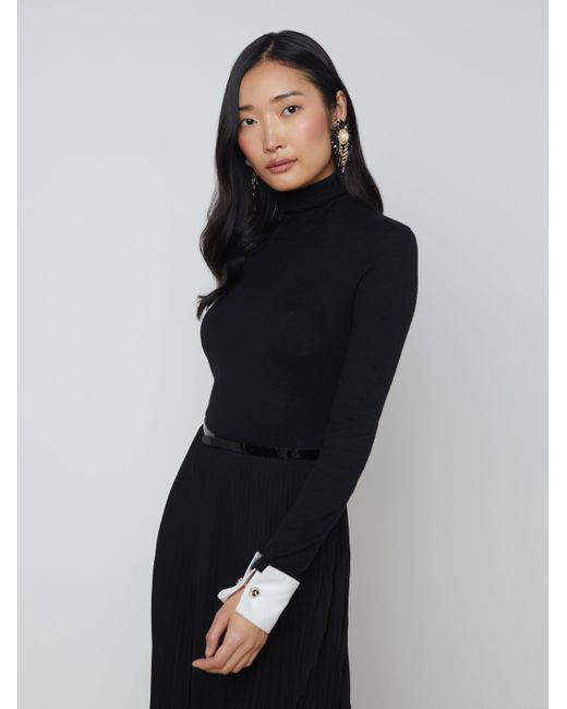 L'Agence Black Flora Poplin Cuff Turtleneck