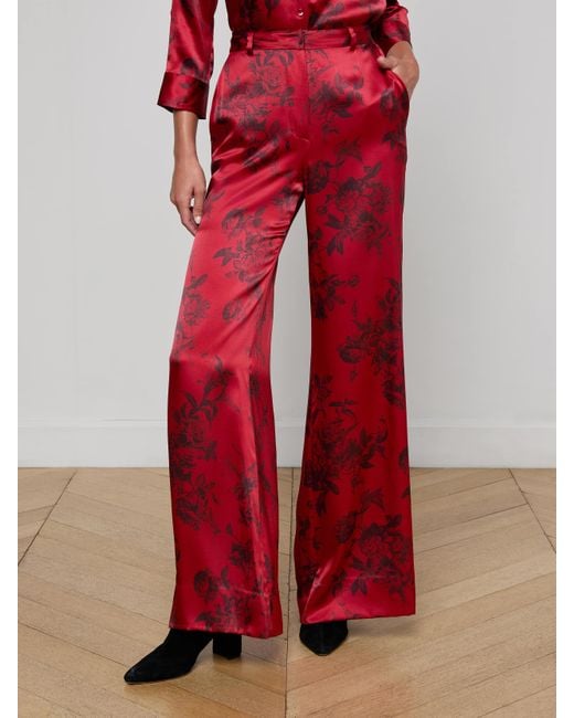 L'Agence Red Pilar Silk Wide-Leg Pants