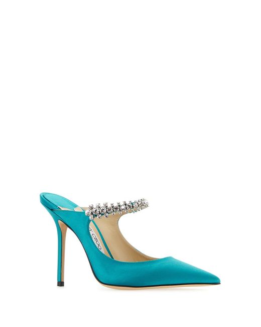 Jimmy Choo Blue Bing 100 Crystal Strap Detail Satin Mules