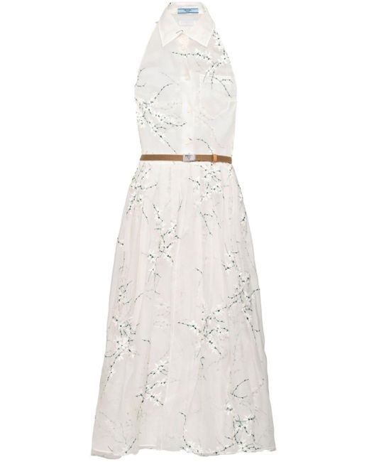 Prada White Floral-Embroidered Silk Midi Dress