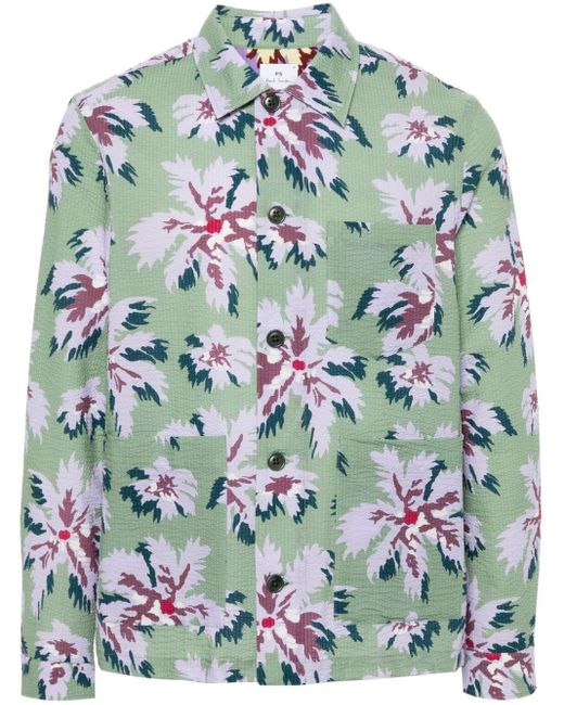 Paul Smith Green Floral-Print Seersucker Shirt Jacket for men
