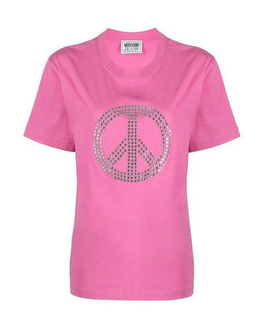 Moschino Pink Peace Symbol Embellished T-Shirt