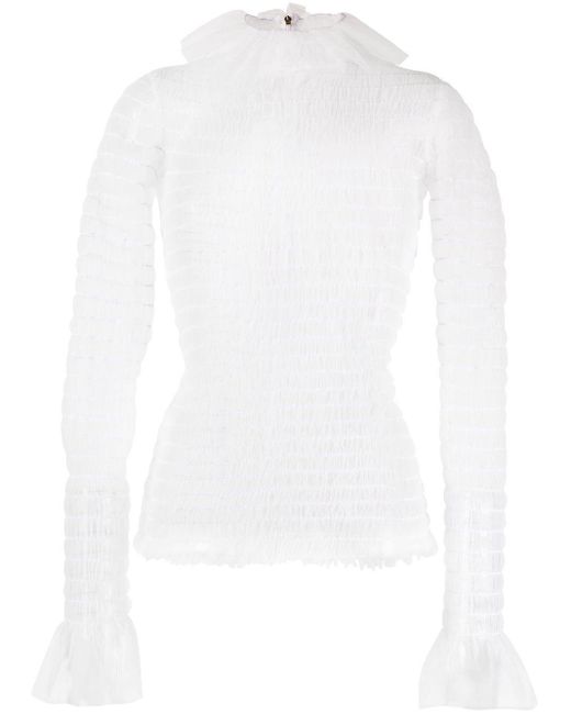 Thom Browne White Frilled High-neck Tulle Top