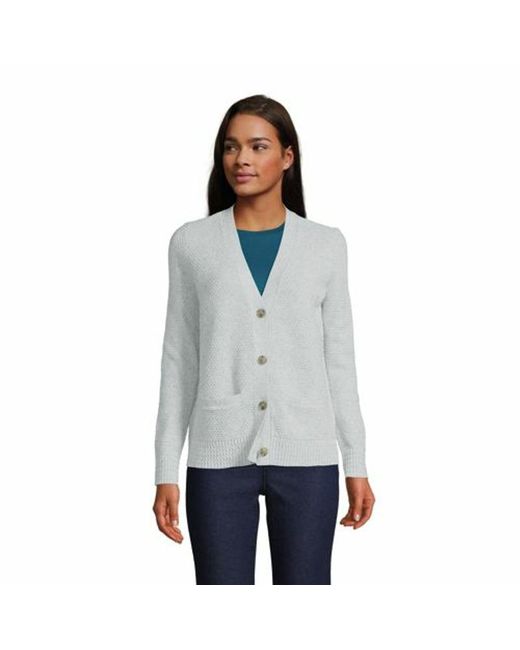 Lands' End Fine Knit Pure Cotton Button Front Cardigan in Grey | Lyst UK