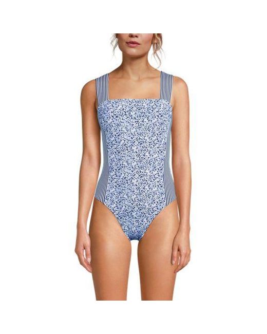 Lands' End Blue Badeanzug Mit Karree-Ausschnitt, Extra Hohes Bein, Damen, Größe:34 Regular, Elasthan/Nylon-Mischung, By