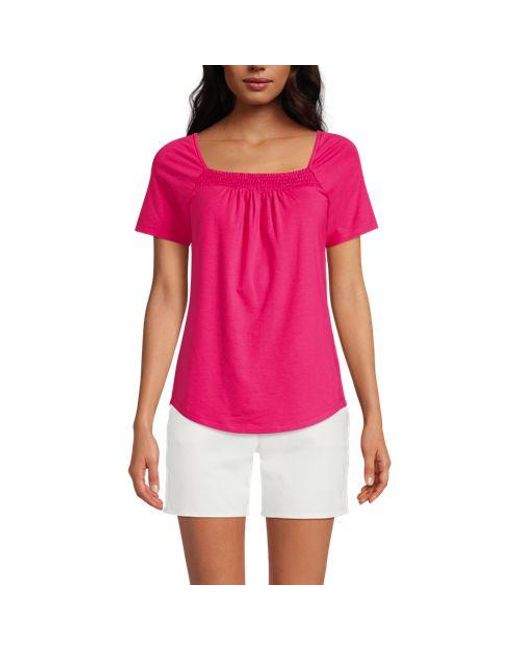 Lands' End Pink Baumwoll/Modal-Shirt mit gesmoktem Ausschnitt