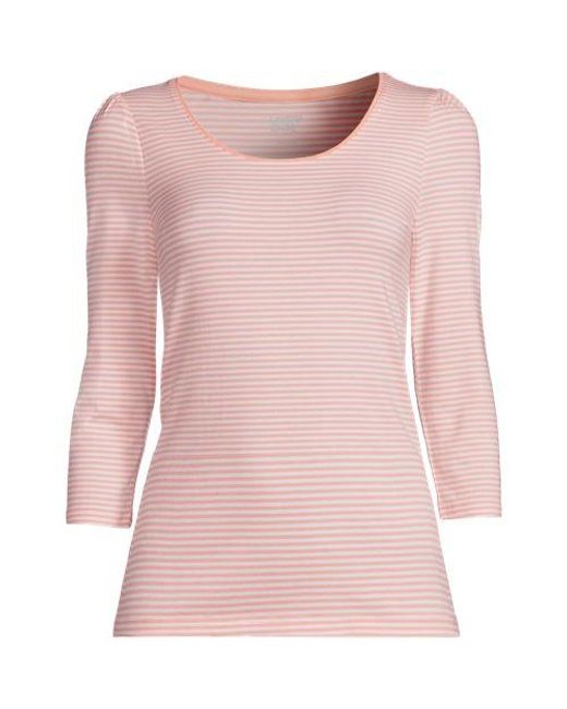 Lands' End Pink Baumwolle/Modal-Shirt mit Ballettausschnitt und 3/4-Puffärmeln