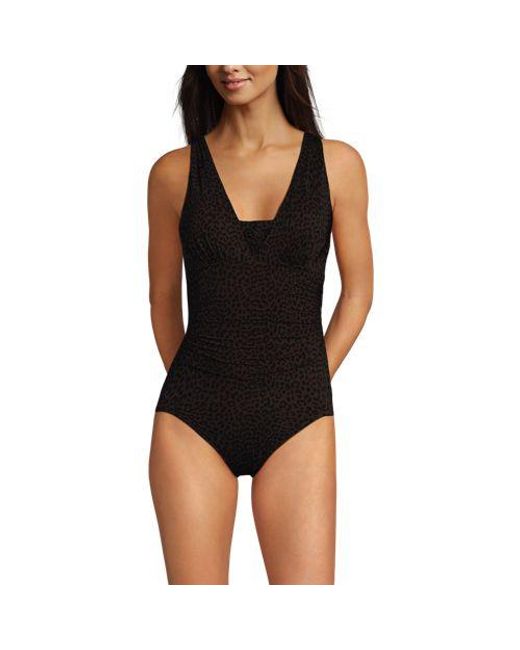 Lands' End Black Gemusterter Shape-Badeanzug Mit V-Ausschnitt Slender, Damen, Größe:34 Regular, Elasthan/Nylon-Mischung, By