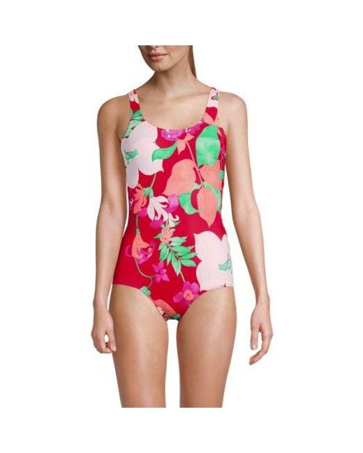 Lands' End Red Gemusterter Komfort-Badeanzug Chlorresistent Mit Soft Cups, Damen, Größe:34 Regular, Nylon-Mischung, By