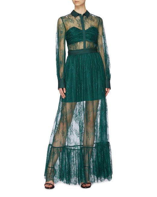 Self-Portrait Floral Lace Overlay Maxi Dress in Green | Lyst