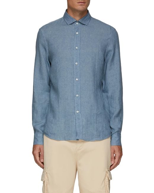 Brunello Cucinelli Blue Spread Collar Linen Leisure Shirt Men Clothing Shirts Spread Collar Linen Leisure Shirt for men