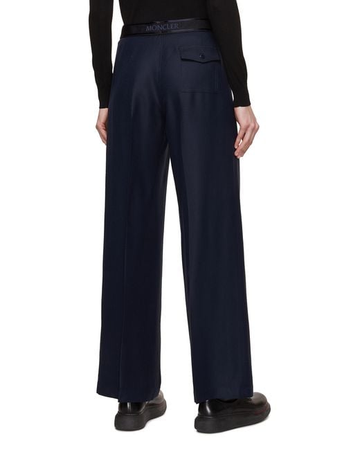Moncler Wide Leg Logo Waistband Tailored Trousers in Blue | Lyst