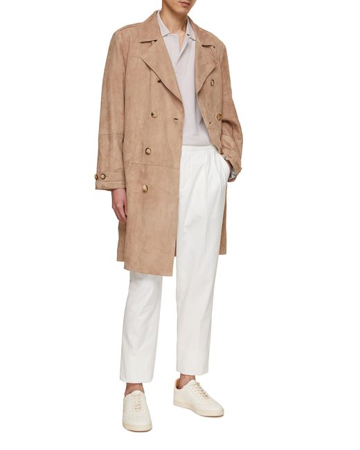 Brunello Cucinelli Natural Double Breasted Leather Suede Trench Coat for men