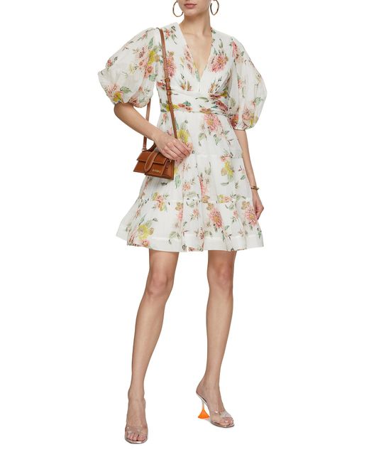 Zimmermann Pleat Floral Print Mini Dress in White Lyst