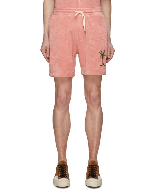 Scotch & Soda Pink Palm Tree Embroidery Cotton Terry Drawstring Shorts for men