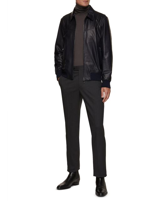 Isaia Black Grained Leather Bomber Jacket for men