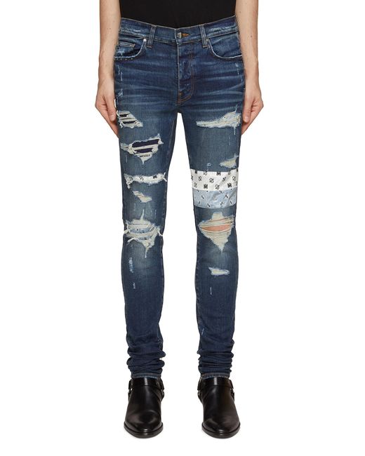 Amiri Silk Paisley Ma Logo Art Patch Heavy Distressing Skinny Jeans in