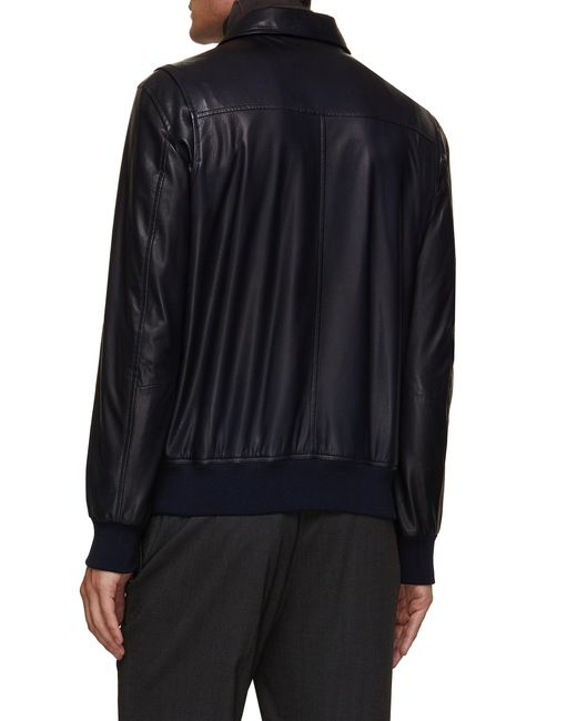 Isaia Black Grained Leather Bomber Jacket for men