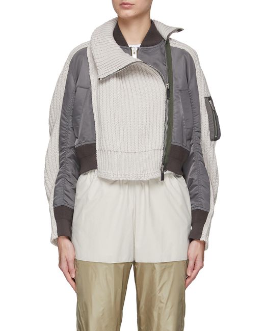 Sacai Cropped Zip Up Nylon Twill Wool Knit Blouson in Gray | Lyst