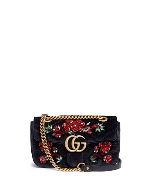 Gucci 'gg Marmont ' Floral Embellished Quilted Velvet Crossbody Bag in  Black | Lyst