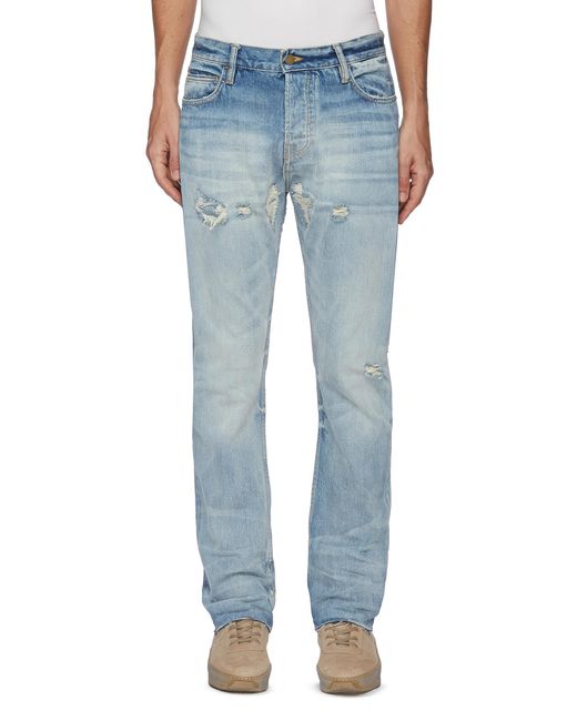 Fear Of God Blue Distressed Detail Whiskered Denim Jeans Men Clothing Jeans Straight Distressed Detail Whiskered Denim Jeans for men
