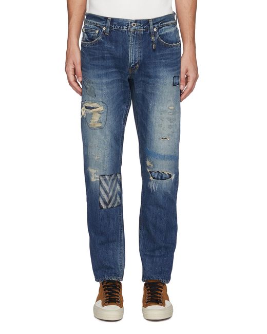 FDMTL Blue Ripped And Repaired Slim Fit Washed Jeans Men Clothing Jeans Ripped And Repaired Slim Fit Washed Jeans for men