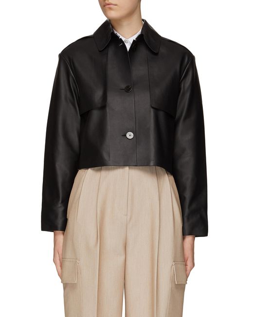 Theory Cropped Leather Button-up Trench Jacket in Black | Lyst