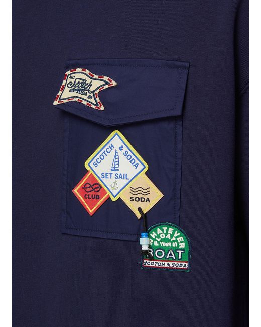 Scotch & Soda Blue Badge Pocket Contrasting Drawstring Hoodie for men