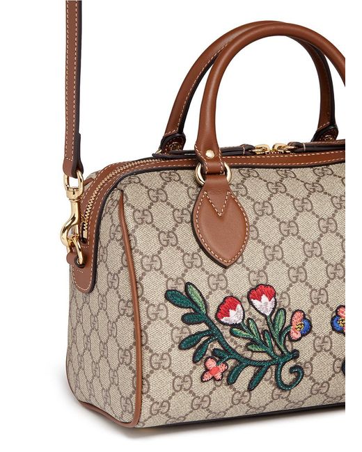 Gucci 'linea A' Small Floral Embroidered Gg Supreme Boston Bag | Lyst