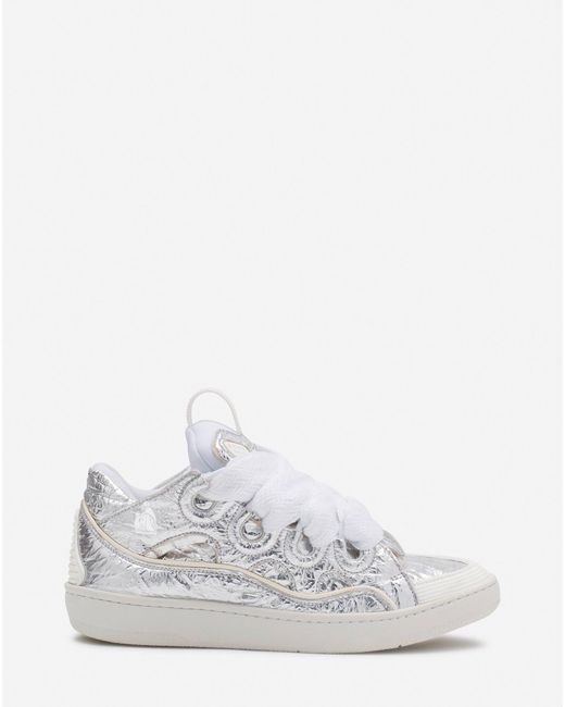 Lanvin White Curb Sneakers In Crinkled Metallic Leather