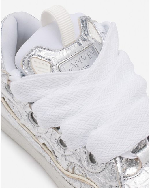 Lanvin White Curb Sneakers In Crinkled Metallic Leather