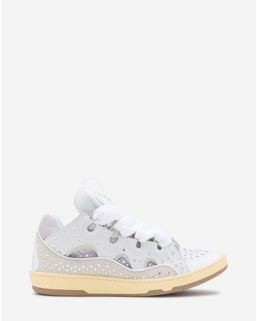 Lanvin White Curb Leather Sneakers With Rhinestones for men