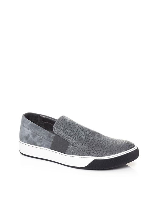 Lanvin Gray Croc-Embossed Nubuck Leather Slip-On Sneakers for men