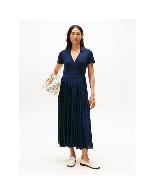 Vestido midi, escote en V Tommy Hilfiger de color Blue