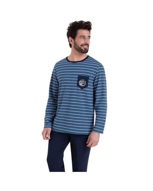 Pijama largo de algodón con cuello camisero Athena de hombre de color Blue