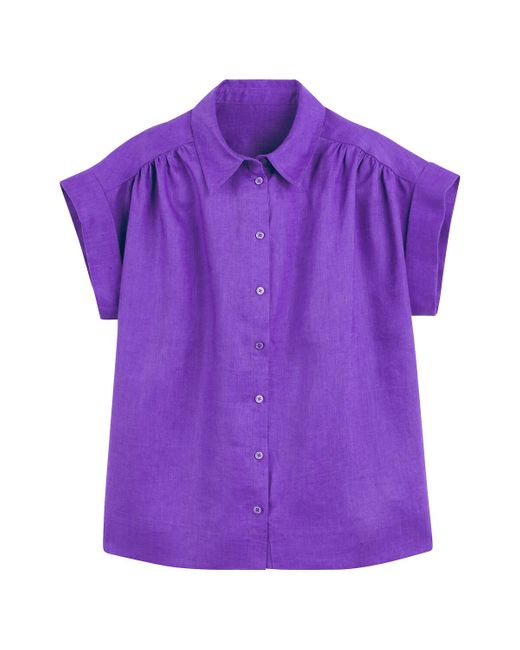 Blusa de lino, manga corta LA REDOUTE de color Purple