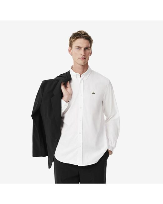 Camisa regular fit de algodón premium liso Lacoste de hombre de color White