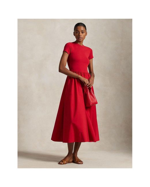Vestido midi evasé en dos materiales, manga corta Polo Ralph Lauren de color Red