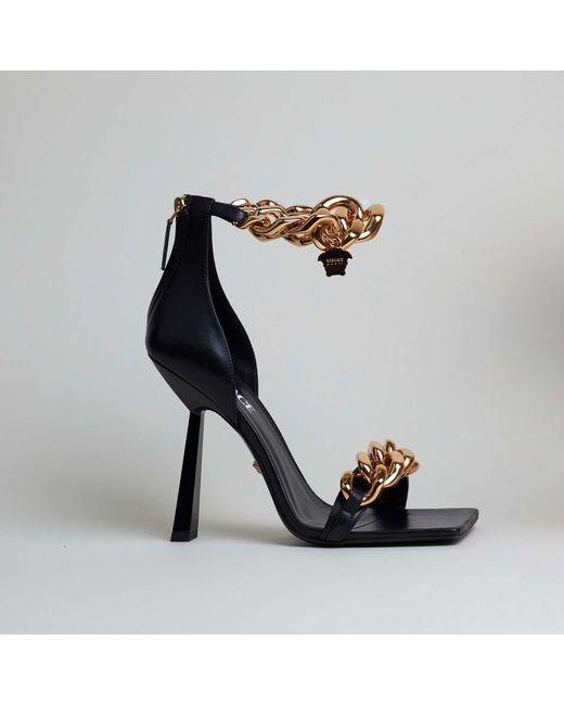 Versace Leather Medusa Chain Sandals in Black | Lyst UK