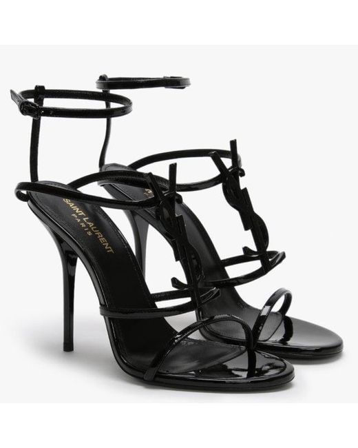 Saint Laurent Cassandra 110 Ysl Logo Black Patent Leather Sandals - Lyst