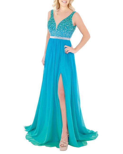 mac duggal blue sequin gown