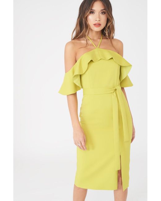 lavish alice pleated bardot and draped belt midi dress