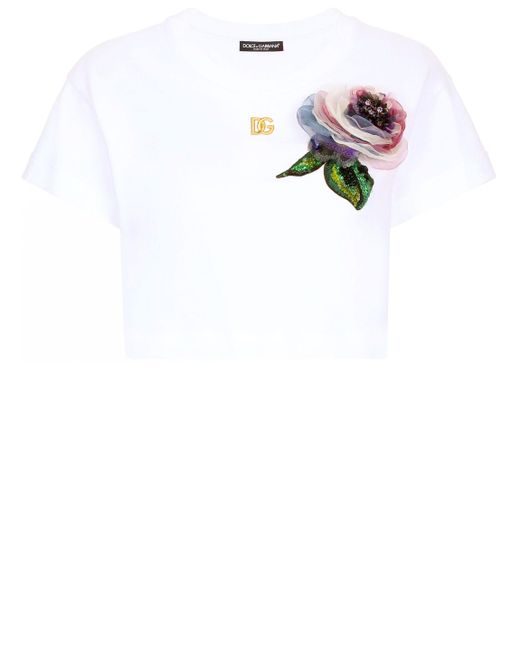 T-shirt corta in jersey con applicazione fiore di Dolce & Gabbana in White