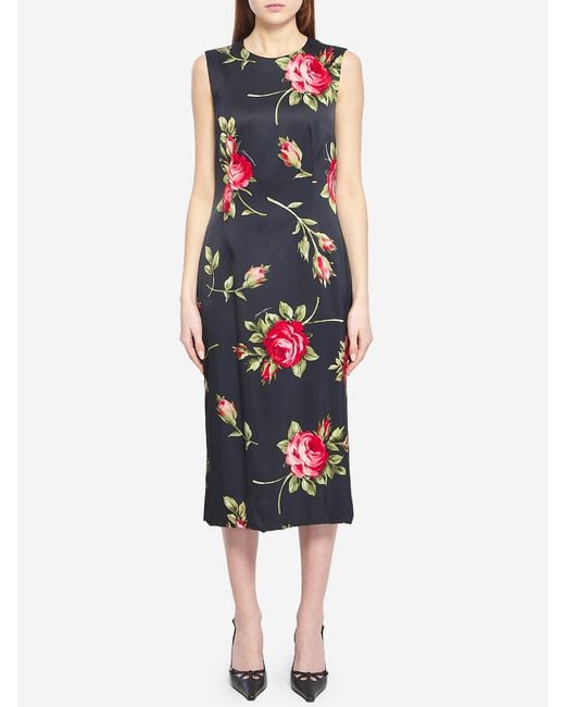 Dolce & Gabbana Black Bouquet Rose Print Satin Midi Dress