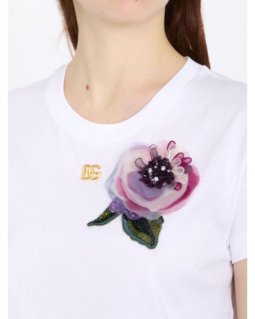 Dolce & Gabbana White Cropped Jersey T-Shirt With Flower Appliqué