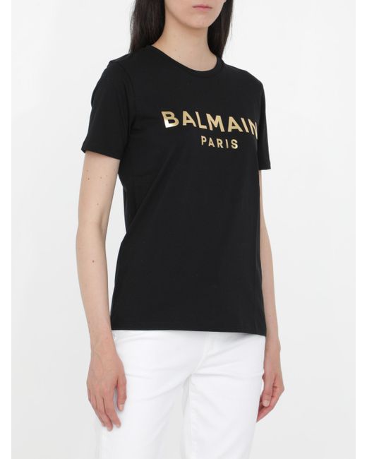 Balmain Cotton T-shirt With Gold Logo in Black | Lyst